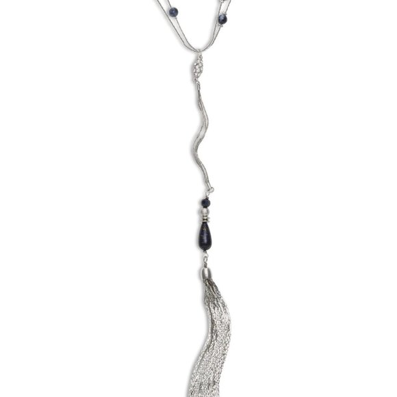 Beaded Tassel Drop Necklace Blue / Silver - Picture 2 of 3